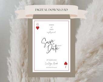 May include: A white save the date card with red hearts and black text. The text reads "George and James are getting married! Save the Date 29th March 2022 Los Vegas, Nevada Invitation to follow"