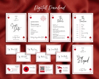 May include: A collection of white wedding stationery with red accents, including invitations, RSVP cards, and place cards. The designs feature playing card suits and the words "Digital Download". The background is a deep red.