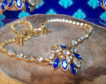 Elegant Saphire blue & Crystal  Goldtone Vintage Monet Necklace