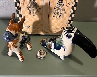 Set of 3 Vintage Mexican Folk Art Clay Pottery Figurines Tonala Mexico