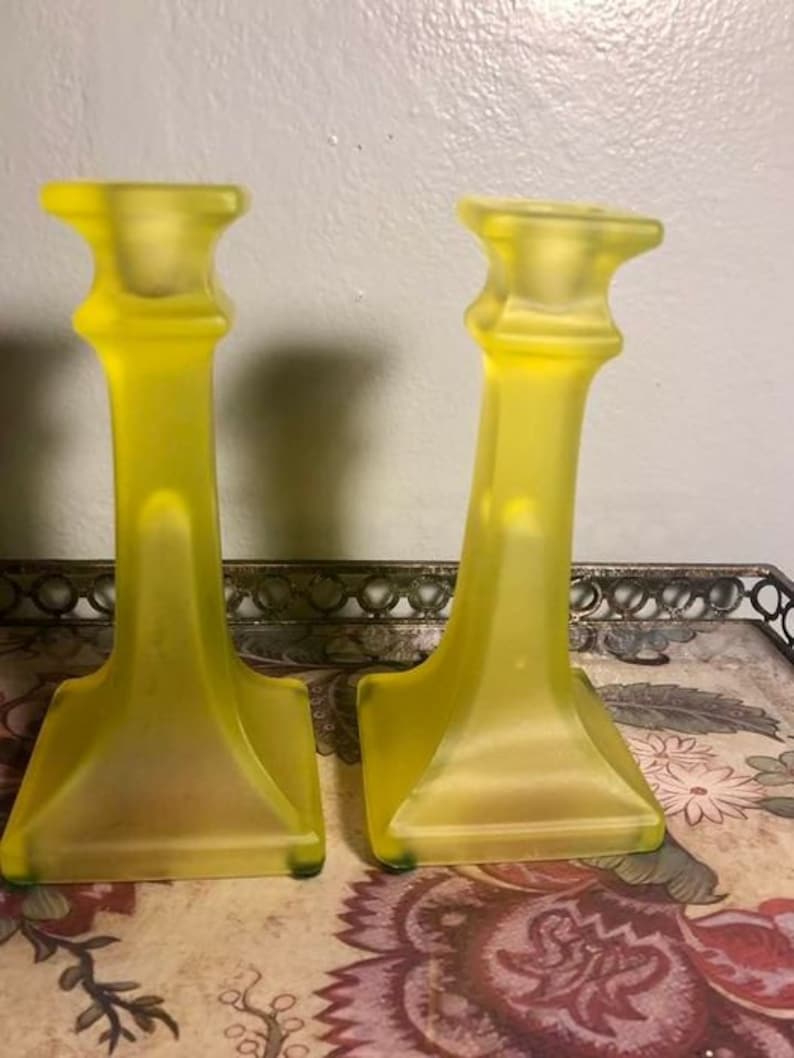 Canary Yellow Vaseline Glass Taper Candlestick Holders Uranium Taper Candle Holder Stick
