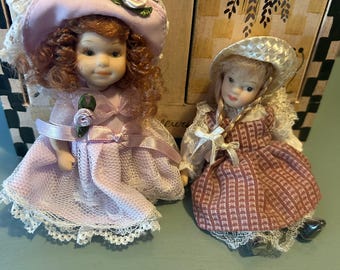 Vintage 1940's Porcelain Bisque Miniature Doll Ganz Porcelain Bisque Miniature Doll & White Basket
