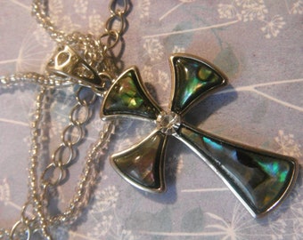 Faux Abalone Crucifix Necklace, Rhinestone Center, Silver Seed Beads