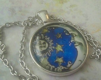 Half Moon/Sun and Stars Celestral Image Colorful Round Pendant w/Silver Chain/Glass Dome