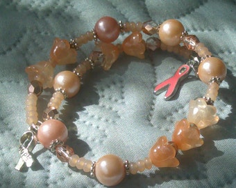 Peach Awareness Adjustable Beaded Bracelet/Uterine and Endometrial Cancers/Flower beads/Ribbon Charms