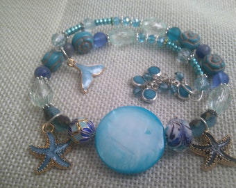 Adjustable Beaded Charm Bracelet/I Remember Summer/Starfishes Mermaid fins/Aqua and Blues