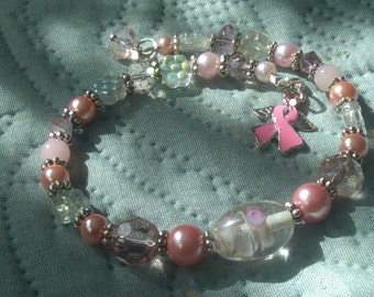 Breast Cancer Awareness/Pink Adjustable Beaded Bracelet w/ Pink Angel ribbon Charm and Glass Dangle