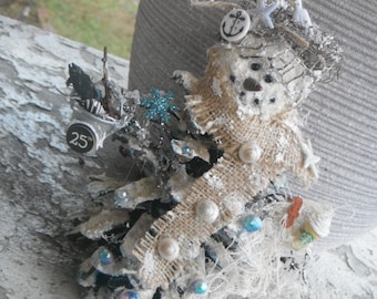 Handmade Beachy Pinecone Snowman, Coastal Christmas Decor