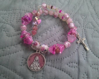 St Therese Medal Charm Bracelet: Pink Lampwork Glass Flowers