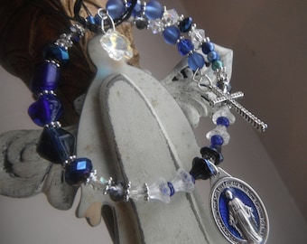 Beautiful Cobalt Blue Silver Our Lady of Mercy Medal/Cross/ Crystal and Flower Beaded Adjustable Bracelet w/Swaroski Crystal Flower Charm