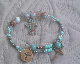 Copper Crucifix Beaded Bracelet - Patina Green, Boho Charm