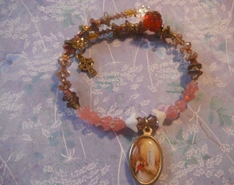 Beautiful St Bernadette Picture Medal Beaded Adjustable Bracelet/Depicting the Appearance Of Our Lady/Flower Beads and charms