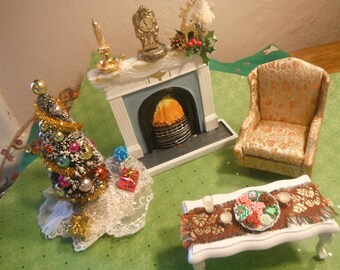 Reduced Price..Waiting for Santa Dollhouse Miniature/fireplace/Xmas Tree/ Chair/Coffee table w/Xmas Cookies