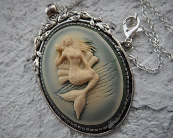 Mermaid Cameo Necklace: Resin Faux Cameo with Silver Art Nouveau Frame