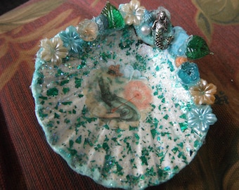Lovely Seashell/Scallop Trinket Ring Dish/Handmade with Tiny Mermaid decoupodged Mermaid/Resin flowers/Aqua/Mothers Day Gift and more