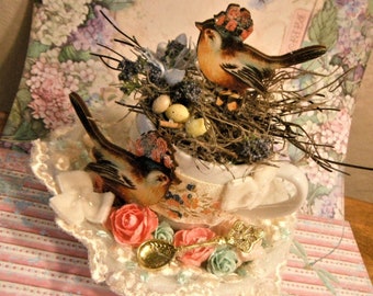 Handmade Teacup Bird Nest Decor: Shabby Chic Accent Piece