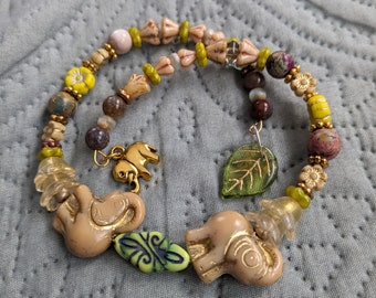 Adjustable Beaded Elephant Charm Bracelet/ Chezh Glass Bead Flowers/Round Jasper beads