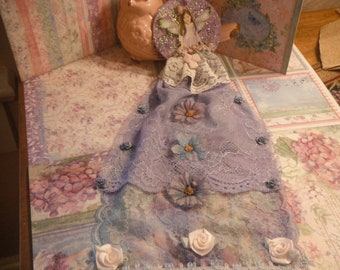 Handmade Lavender Fairy Ornament, Glitter Wings, Lace Gown