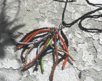 Boho Hippie Seed Beaded Colorful Fall Pendant Necklace/Adjustable/Gun Metal/Black Seed Beaded Chain/Halloween and More