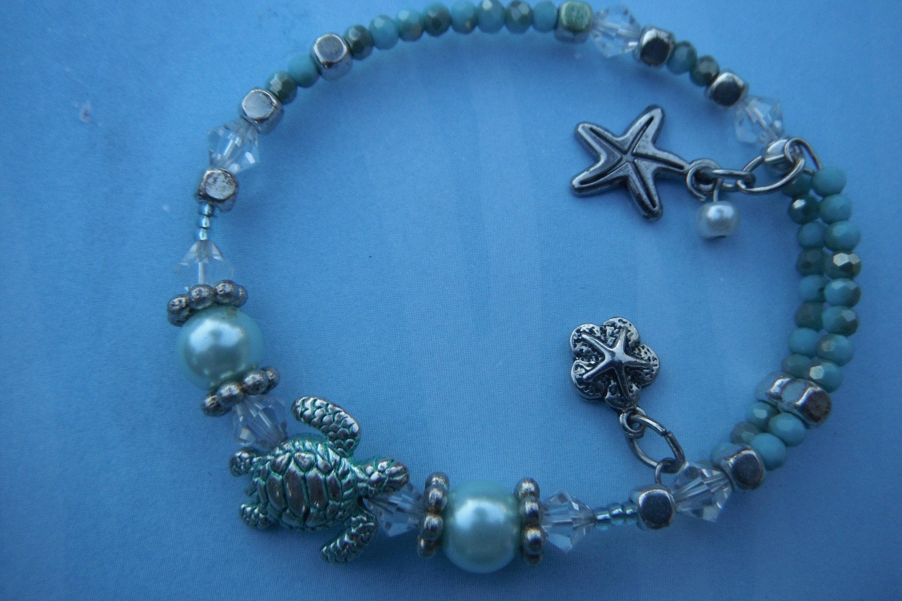 Seafoam Greens Metallic Sea Turtle Beaded Bracelet With - Etsy