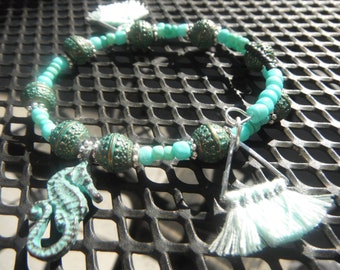 Lovely Green Patina/Copper Seahorse Adjustable Beaded Bracelet w/ Seafoam Green charms and Beading