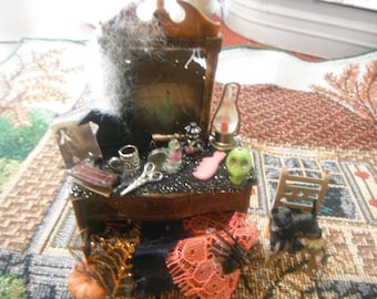 Halloween Miniature Witch Dresser with Chair & Black Cat Diorama (1:16 Scale)