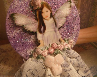 Handmade Lavender Fairy Ornament, Glitter Wings, Lace Gown