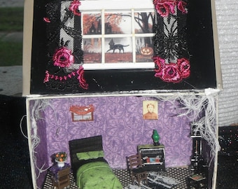 Gothic Halloween Miniature Bedroom Scene in Faux Spell Book - 1:48 Scale