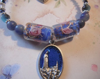 Our Lady of Fatima Cobalt Blue Enameled Medal Charm/Beaded Adjustable Bracelet/Silver Accents/Italian Medal/ Lampwork/Chech glass Beads