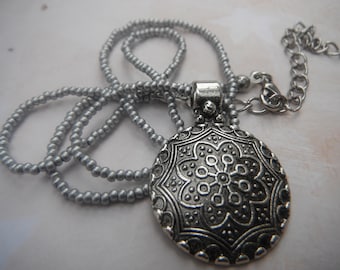 Pretty Mandella Pendant Necklace in Tibetan Silver w/ Silver Gray Seed Beaded Chain/Adjustable/Mothers Day and More