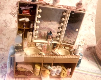 Adorable Bathroom Dollhouse Miniature/His and hers bathroom Sinks with Toilitries Meds/Makeup mens watch Shaving Creme/soaps Toilet paper