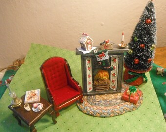 Dollhouse Miniature Xmas Eve Set: Fireplace, Velvet Chair, Table
