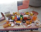 Handmade Memorial Day 4th July Summer Dollhouse Miniature Picnic Table Burgers Hotdogs Iced Tea Beer Deviled Eggs Deserts 1 12 scale