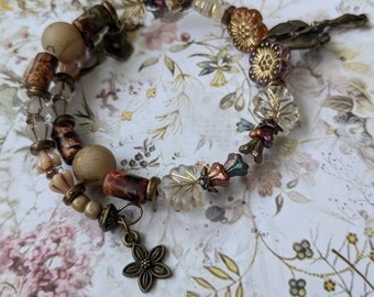 Ornate Art Noevou copper Fairy Beaded Charm Adjustable Bracelet w/ Czech Glass Beads