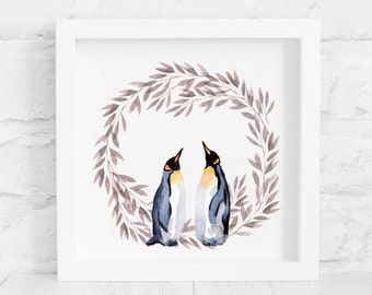 Penguin Gift For Couples, Penguin Print, Penguin Engagement Gift, Penguin Engagement Frame or Print.