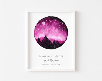 Custom Star Map Print, Night Sky Print, Custom Night Sky Print, Custom Sky Map, Night Sky Poster, Watercolour Stars Constellations,4 colours