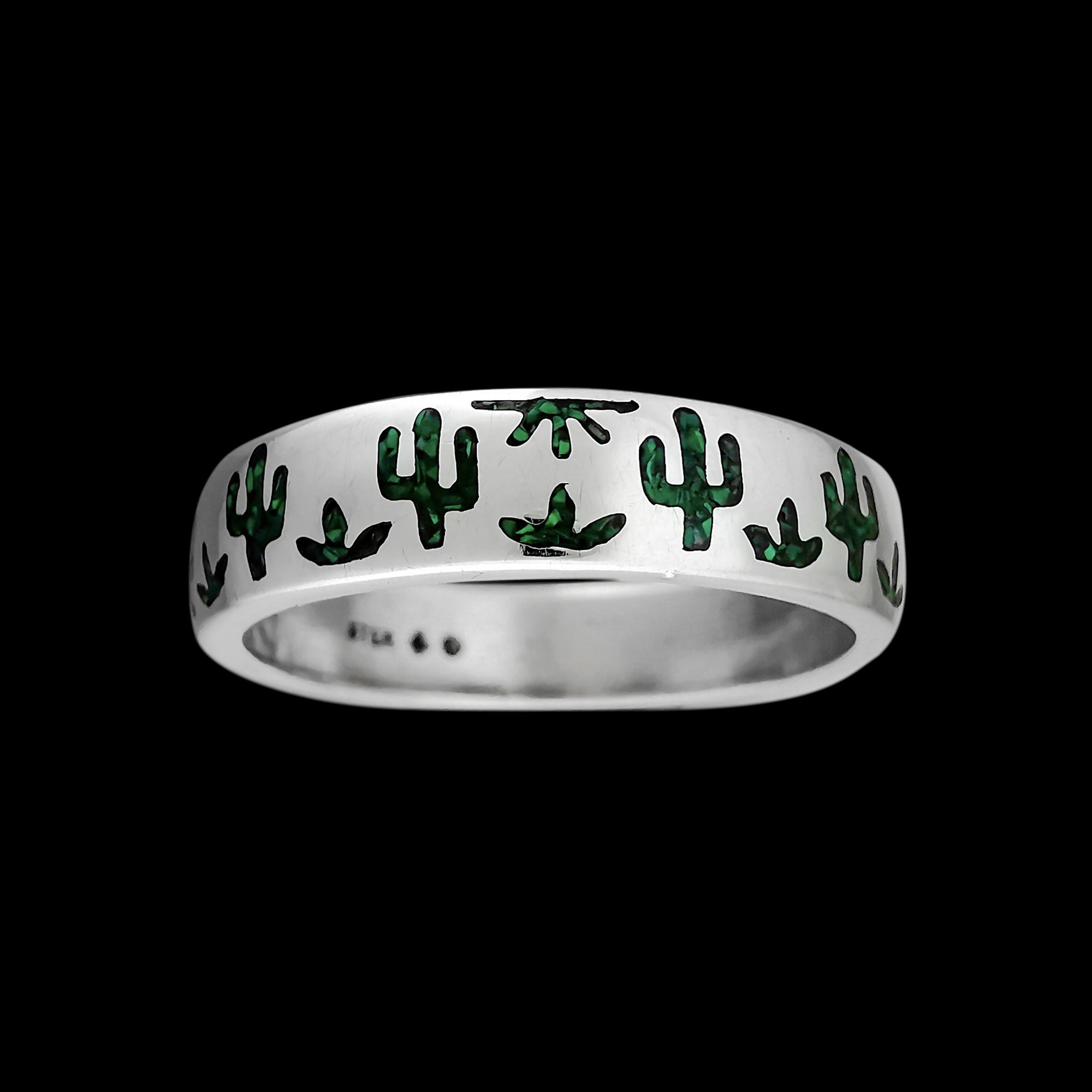 Sterling silver Southwestern Cactus ring with Malachite chip inlay 