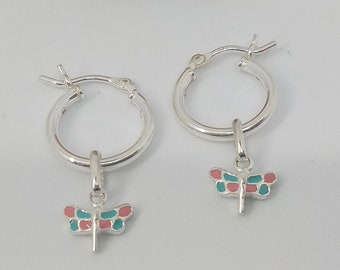 Sterling Silver Dragonfly Enamel Hinged Hoop Earrings - Perfect child or teenager present