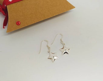 Sterling Silver Christmas Puff Star dangly drop Earrings