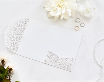 Ivory Shimmer Lace - Tri Fold Pocketfold Laser Cut Folder - Wedding Invitation DIY