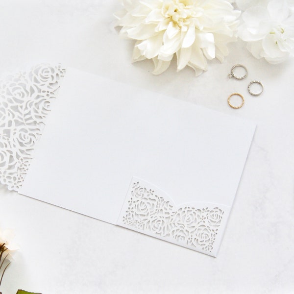 Ivory Shimmer Lace - Tri Fold Pocketfold Laser Cut Folder - Wedding Invitation DIY