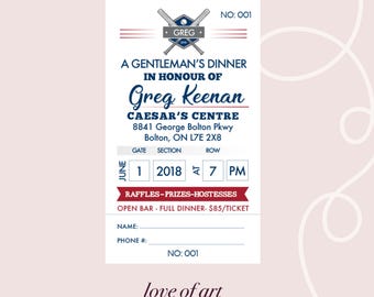 May include: A white invitation with blue and red text and graphics. The invitation is for a gentleman's dinner in honor of Greg Keenan. The event is at Caesar's Centre on June 1, 2018, at 7 PM. The invitation includes the text "Raffles-Prizes-Hostesses".