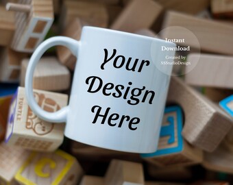 Plain White Mug Mockup with Toy Blocks, 11oz Blank White hot chocolate Mug Photo Mock Up, Child's Mug Mock-up, JPG Digital Download