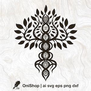 May include: Black and white illustration of a tree with seven chakras, a symbol of spiritual growth and balance.