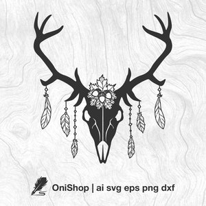 Elk skull with leaves feathers SVG, elk antlers Vector, deer head, laser cut vector, svg ai eps png pgf