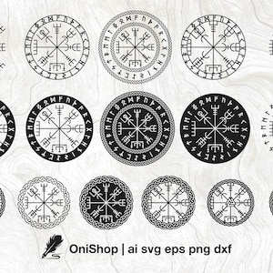 Paquete de 16 opciones de brújula vikinga Vegvísir svg, decoración de pared vikinga, archivos ai eps dxf png de símbolo vikingo, archivos de corte, Cricut, Silhouette, Glowforge
