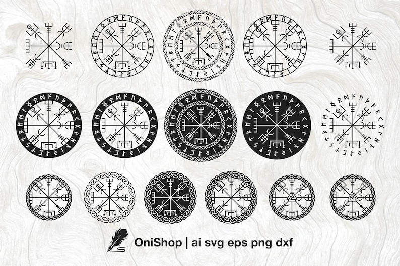 May include: A set of ten black and white compass designs with runes around the outside. The compass designs are in a circle with a central point and four points extending out from the center. The runes are in a circle around the compass design.
