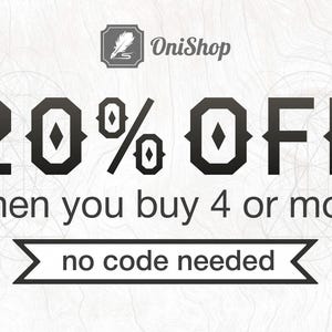 Op de afbeelding: Zwart-witte afbeelding met de tekst "20% OFF" en de woorden "when you buy 4 or more no code needed".