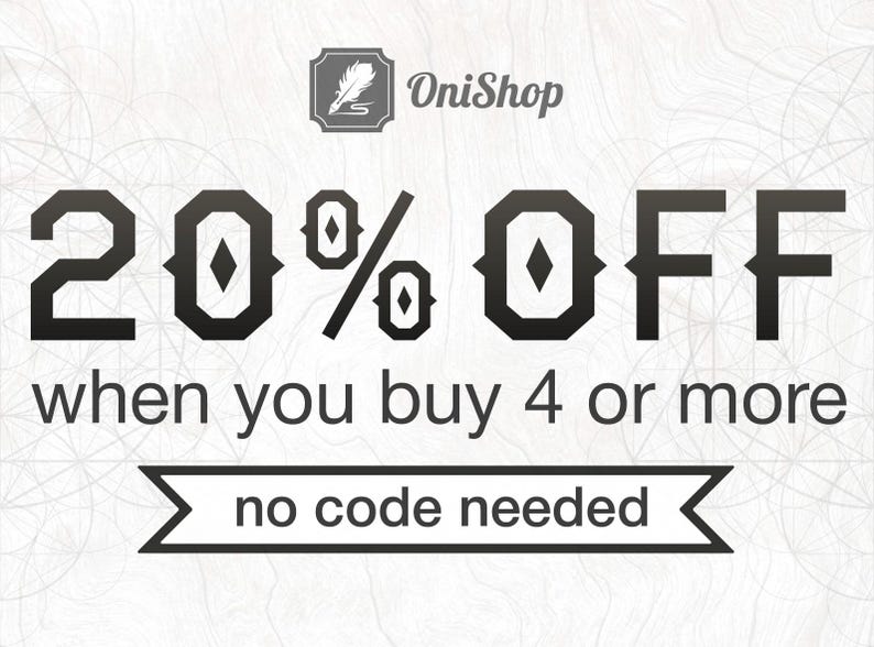 Op de afbeelding: Zwart-witte afbeelding met de tekst "20% OFF" en de woorden "when you buy 4 or more no code needed".