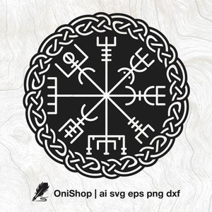 May include: Black and white vector illustration of a circular compass with a Celtic knot border. The compass features eight points with various symbols, including a cross, a circle, and a triangle.
